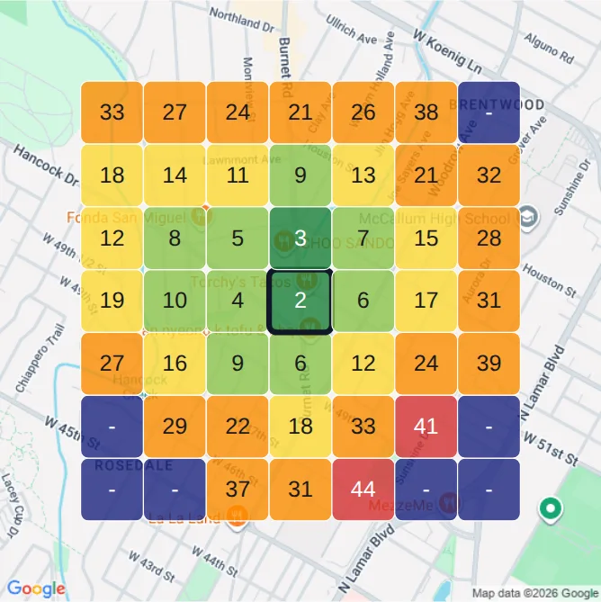 Sample heat map: a 7 by 7 grid of search positions over a neighborhood map, near the top in the middle and not found at the edges