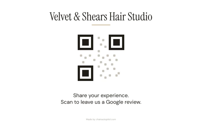 Sample of the printable review card: the salon name, a QR code and "Share your experience. Scan to leave us a Google review."